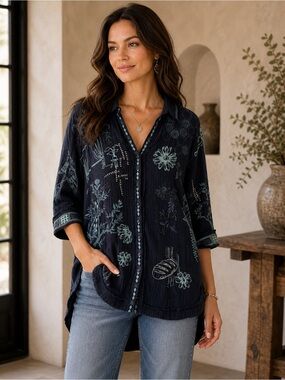 Johnny Was Biya Monica Tunic Embroidered Navy Button Front Top Size S NWT